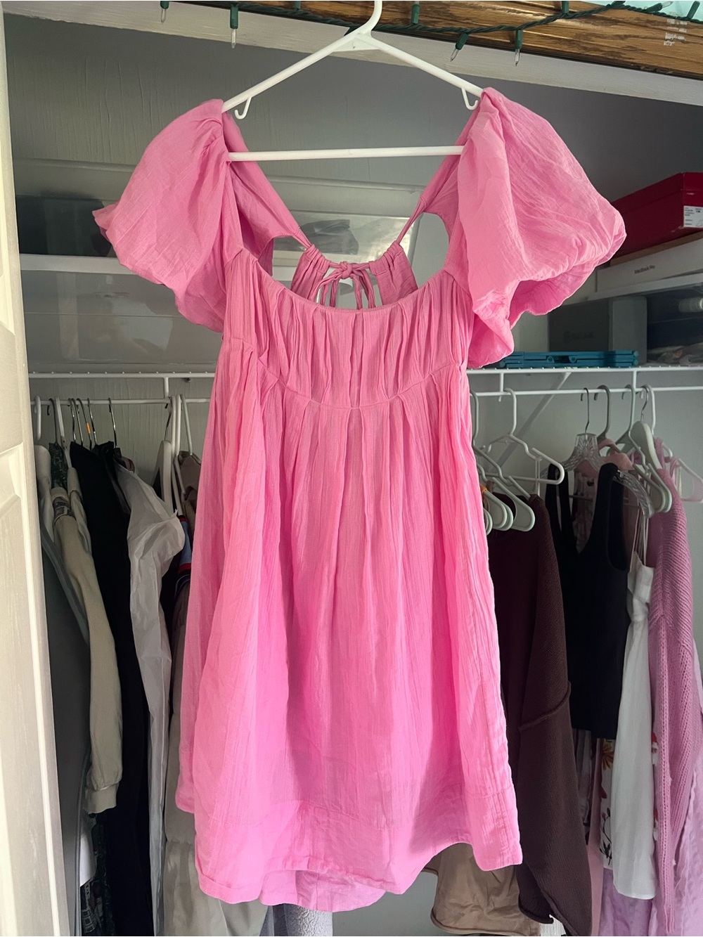 Free People Hot Pink Puff-Sleeve Square-Neck Tunic